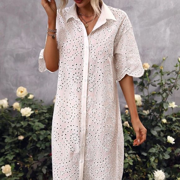 White Eyelet Embroidery Drop Shoulder Dress - Picture 5 of 5